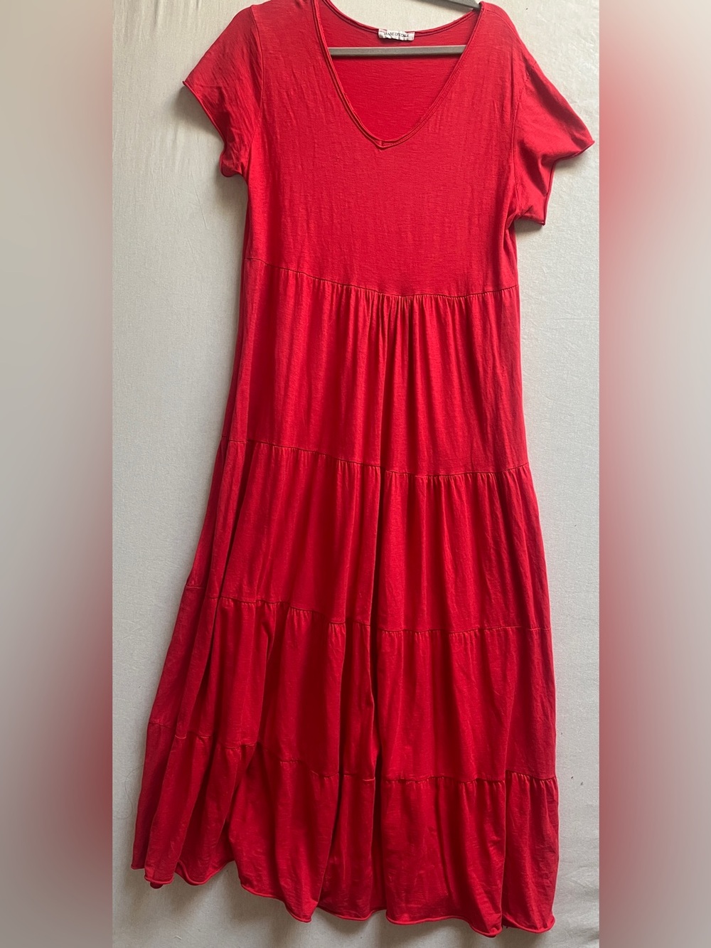 Made in Italy Red Cotton Tiered V Neck Short Sleeve Maxi Dress Womens M